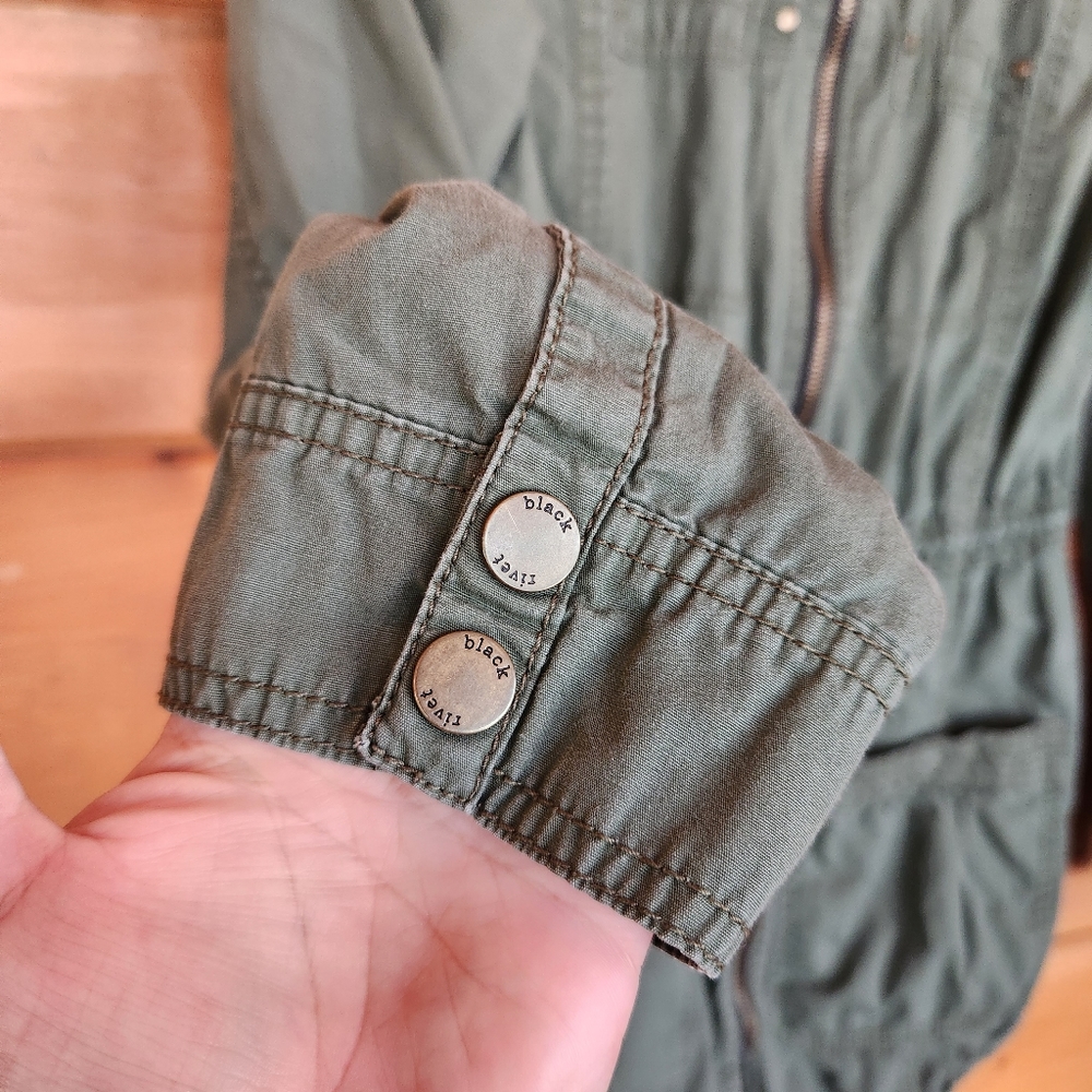 Black Rivet Hooded Military Utility Cargo Jacket Outdoor Green Stretch Zip Sz XS - Picture 3 of 10